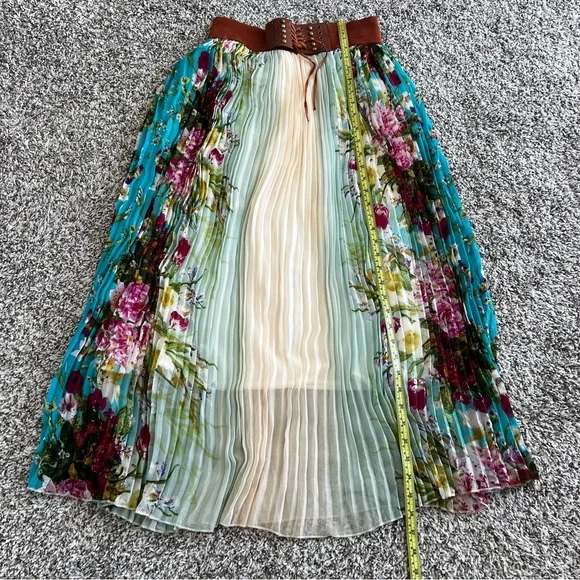 Boho Floral Print Pleated Festival Maxi Skirt Corset Belt Sz L - Picture 8 of 11